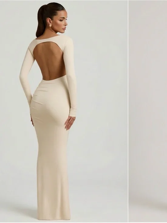 Women's Long Sleeve Cream Bodycon Maxi Dress - Picture 2 of 3